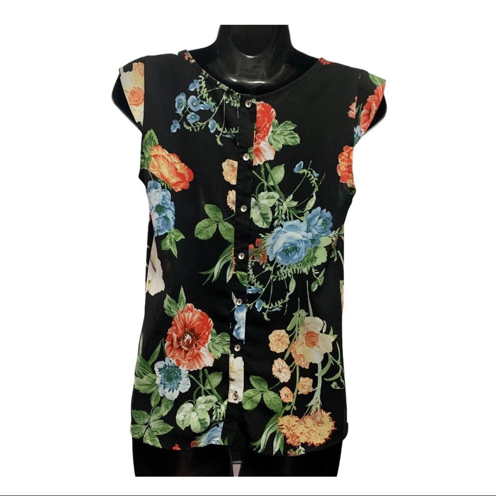 Black Floral Cap Sleeve Sheer Button-Back Blouse - Picture 4 of 13